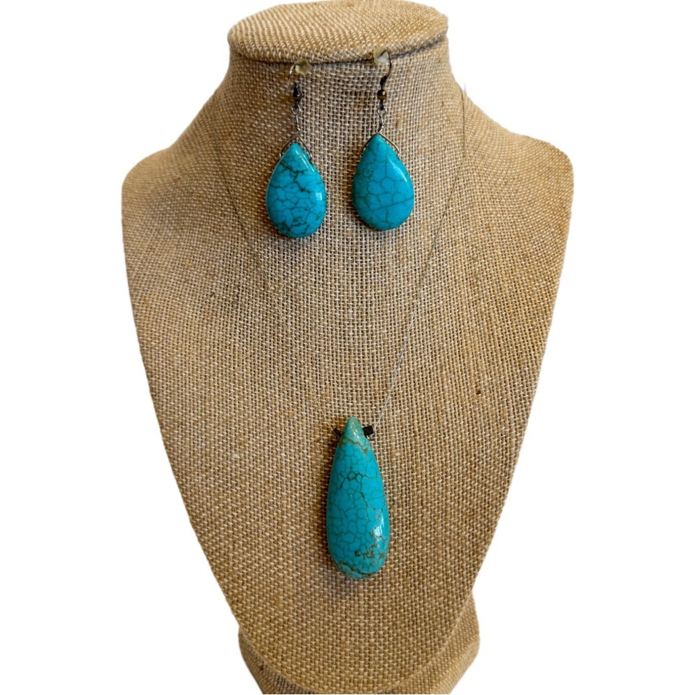 Floating Teardrop Turquoise Howlite Pendant Wire Necklace & Dangle Earrings SET